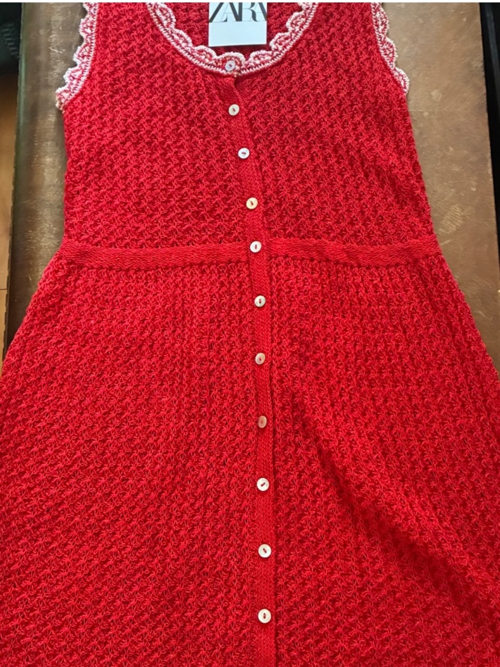Zara Red Button-Front Knit Dress with Lace Trim in Sz: L - Picture 6 of 8